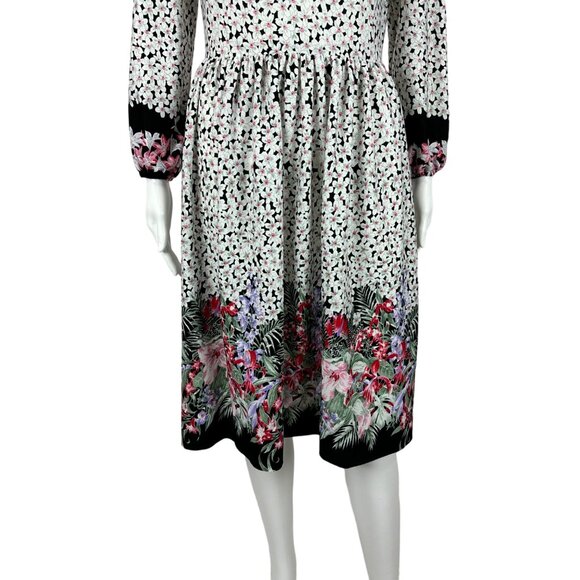 Vintage 70s Floral Dress Women's Small Border Print Pink Keyhole Neckline Sheath - Picture 6 of 12